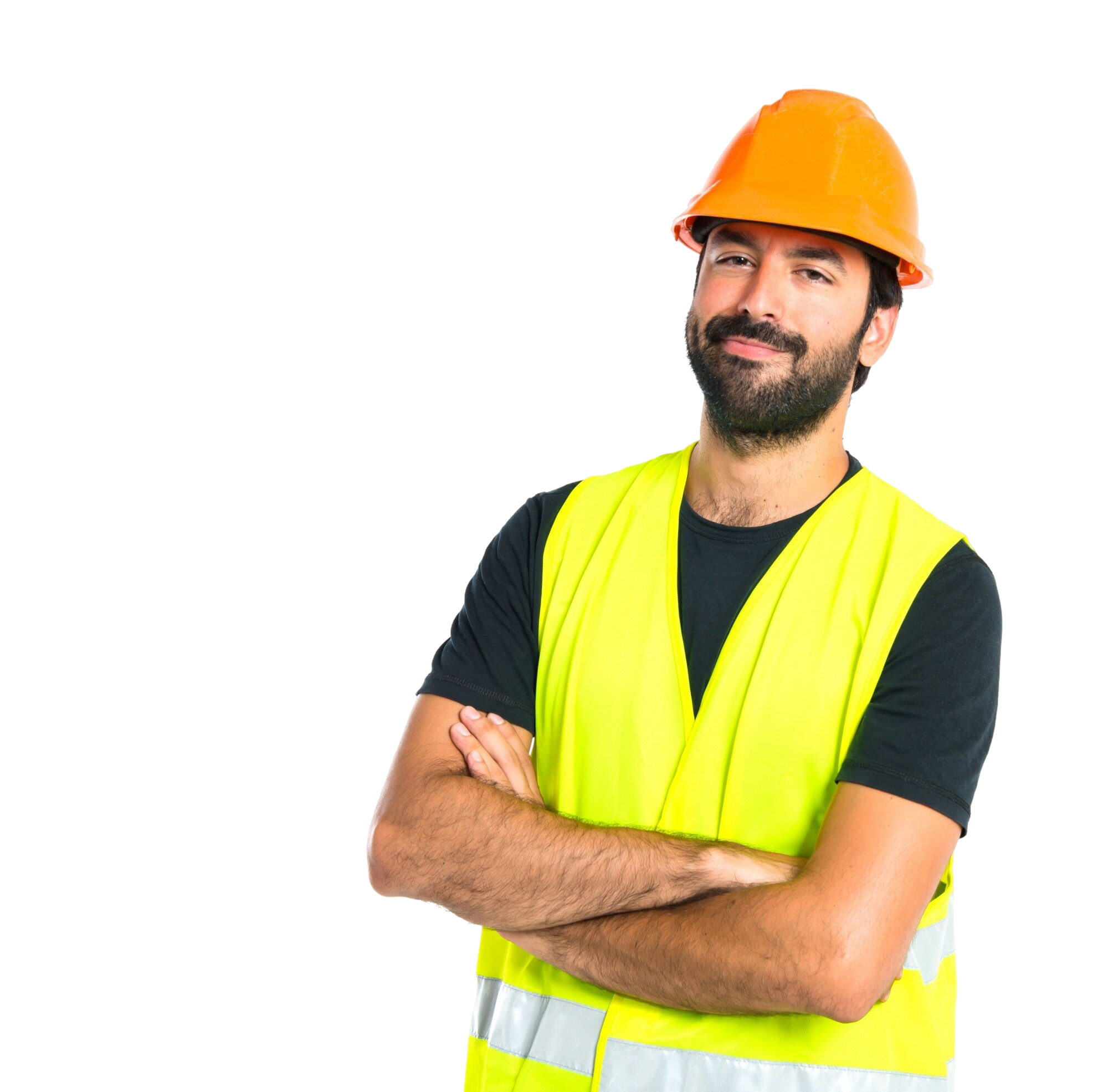 A man with a beard and tool belt stands holding a plumbing tool, prepared for a repair task.