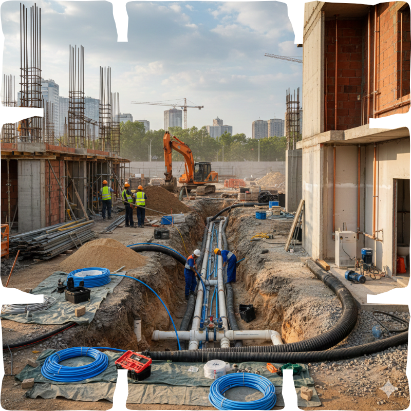 Construction workers collaborating on a site, wearing safety gear and operating machinery amidst building materials.